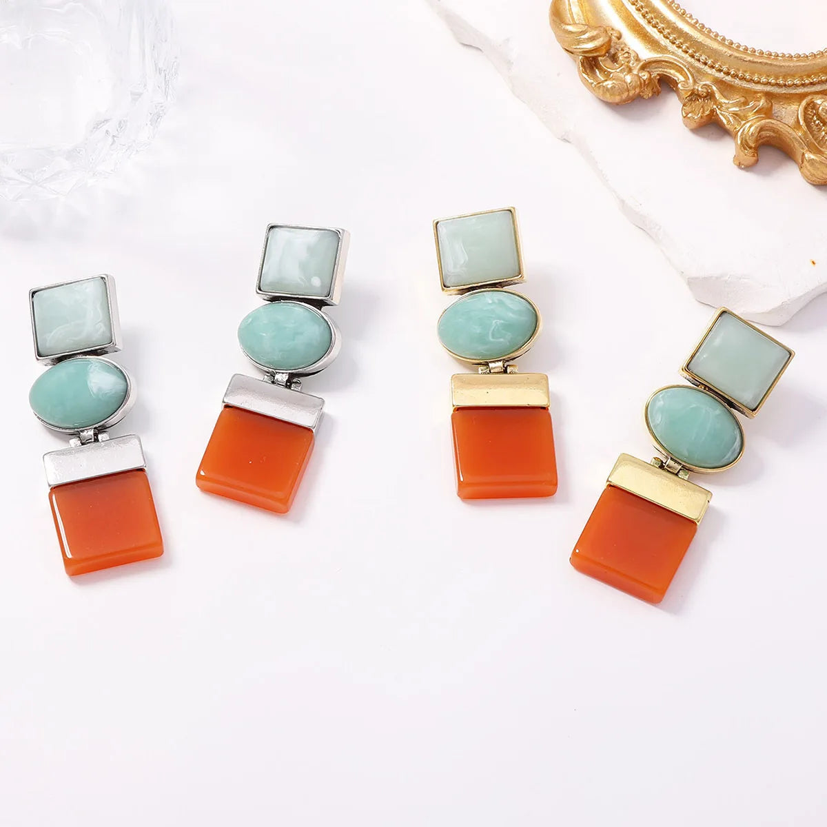 Vintage Mint Green Resin Geometric Drop Earrings for Women