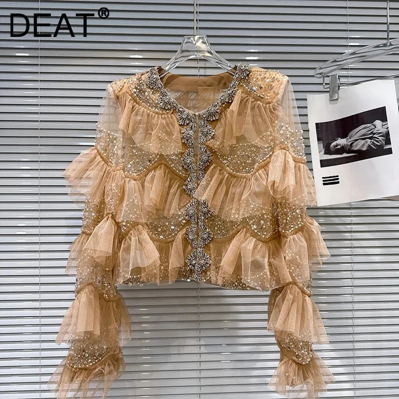 Open Front Rhinestone Beaded Sequined Mesh Coat For Women