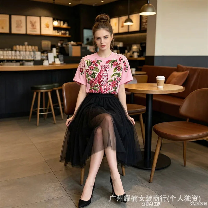 Relaxed Fit Beaded Animal Print Crew Neck Tee For Women