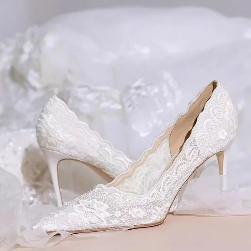 Pointed Lace Mesh Wedding Pumps With Thin Heels for Women