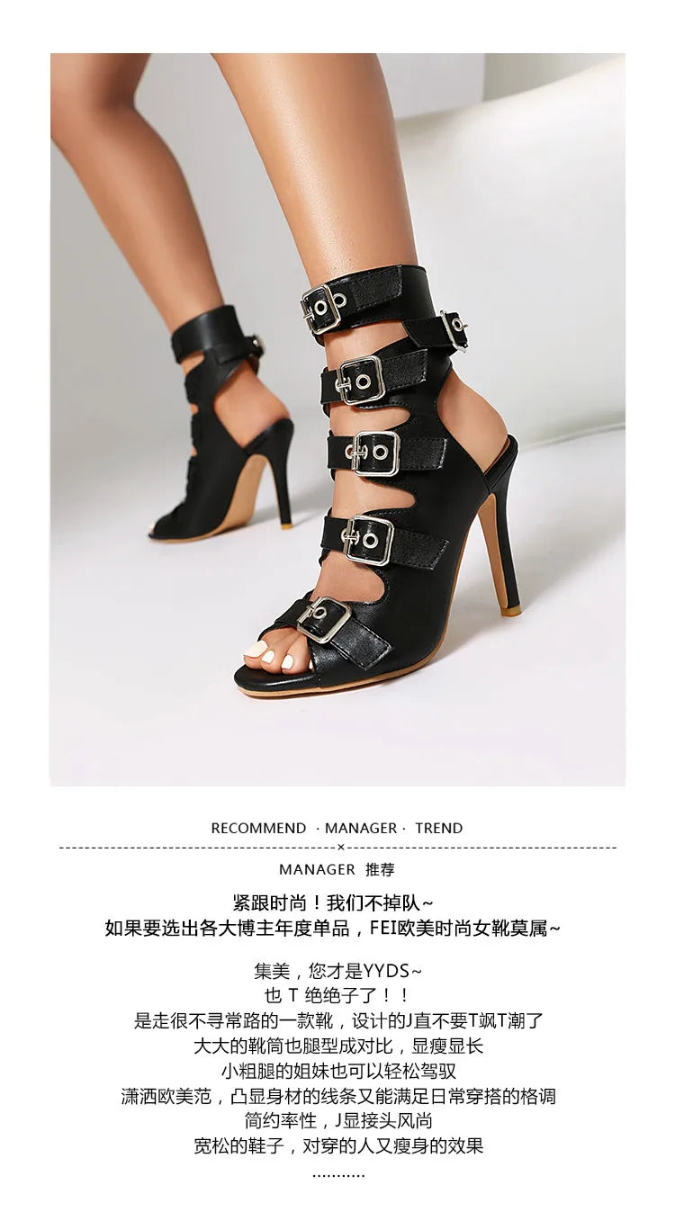 Black Peep Toe Square Heel Sandals