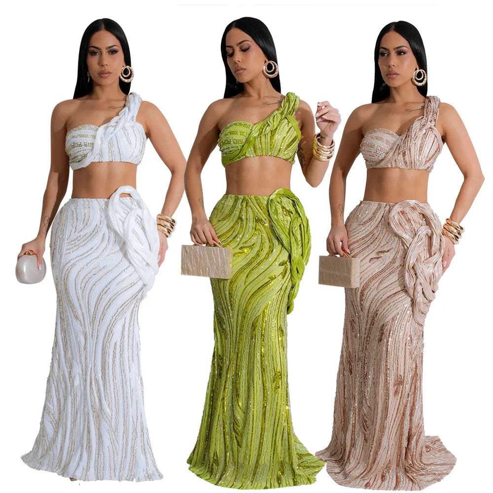 CM.YAYA Women’s Dress Set Mesh Sequined Ribbon Sleeveless Strap Top + Long Skirts Sets 2 Two Pcs Sets Sexy Party Evening Oufits