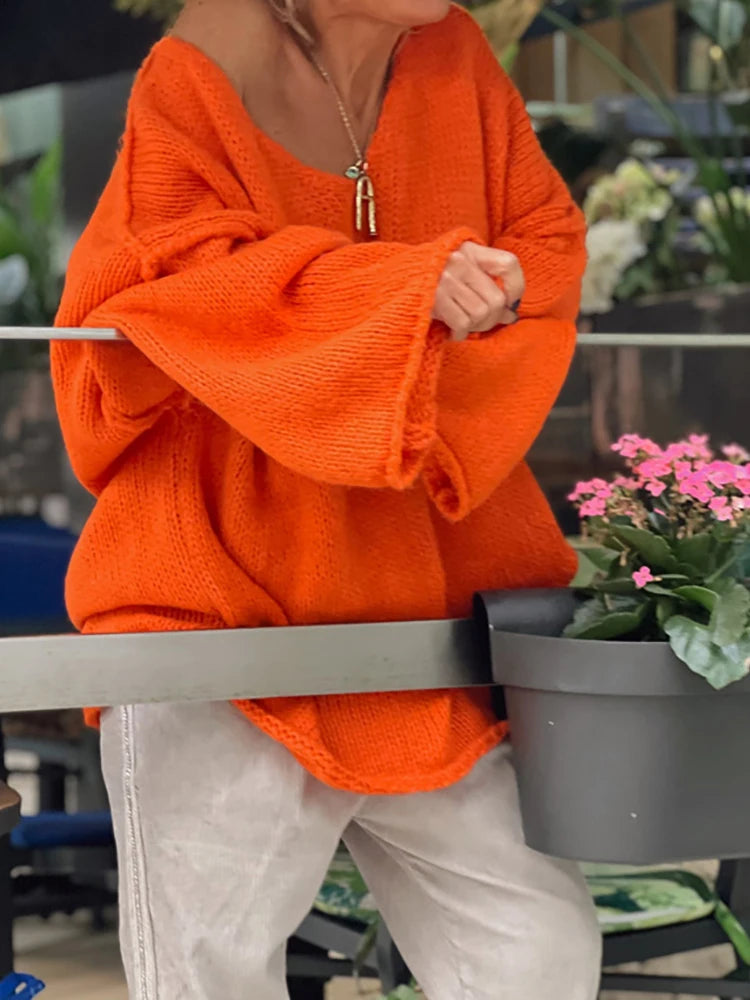 Casual V Neck Patchwork Simple Tops, Women Autumn Winter Long Raglan Sleeve Solid Sweaters, 2025 Loose Straight Ladies Pullovers