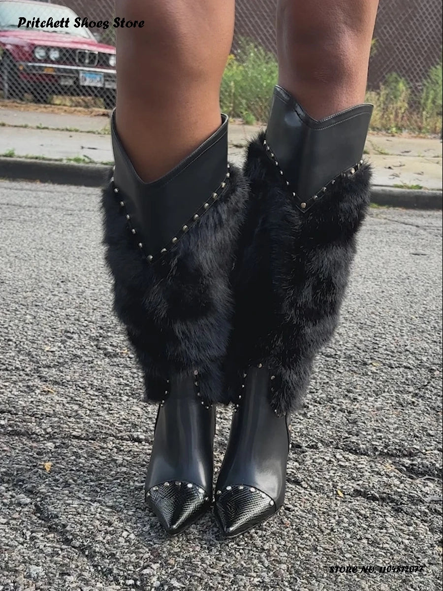 Studded Faux Fur Knee High Open Toe Stiletto Boots for Women
