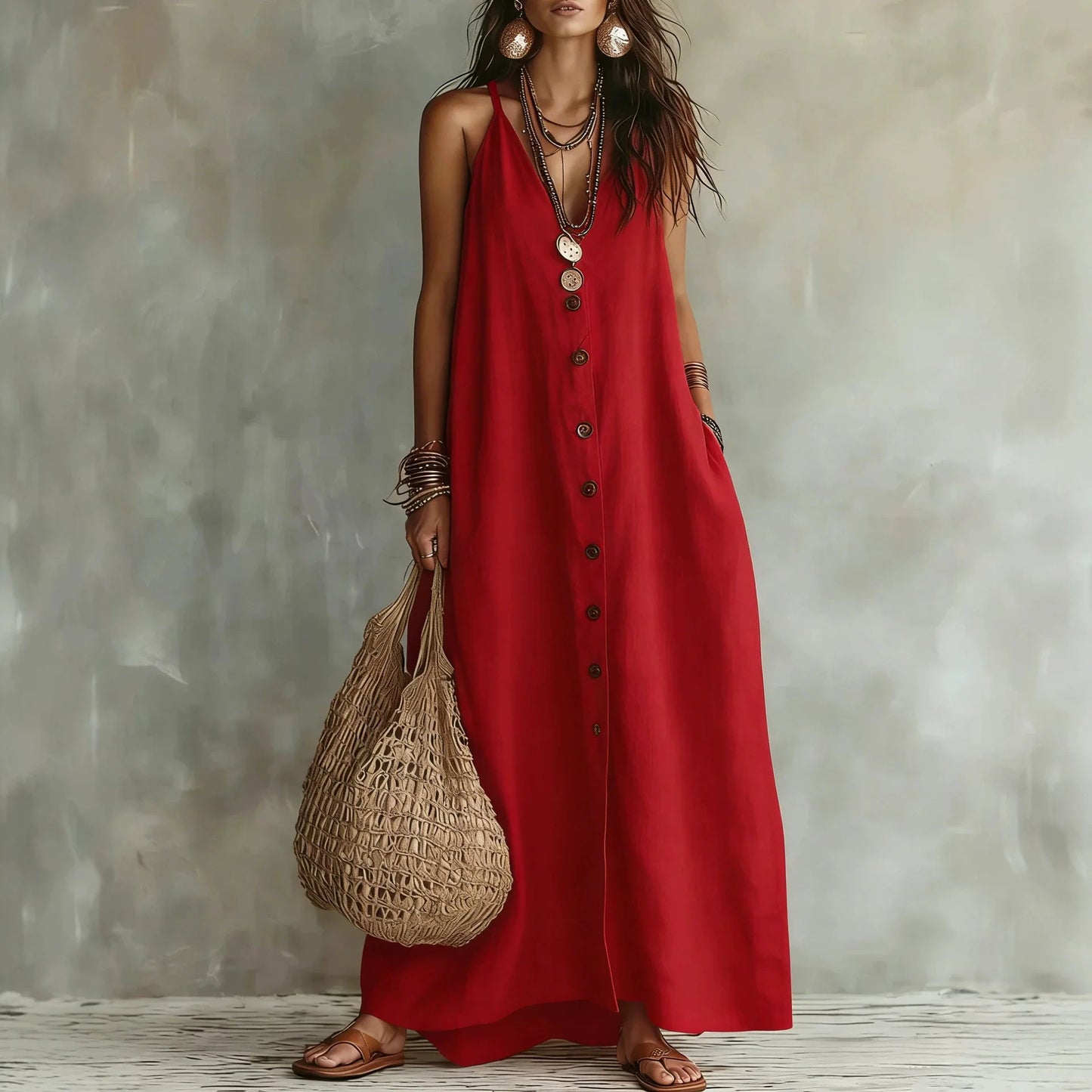Spaghetti Strap V Neck Front Button Pocket Linen Maxi Dress for Women
