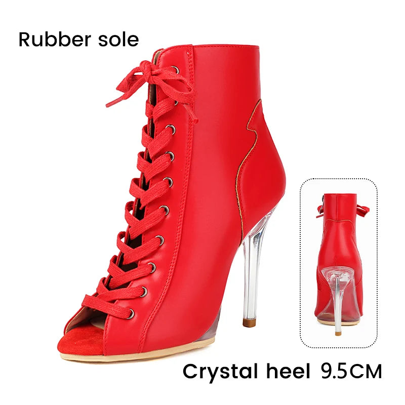 Lace-Up Crystal Heel Ballroom Dance Boots for Women