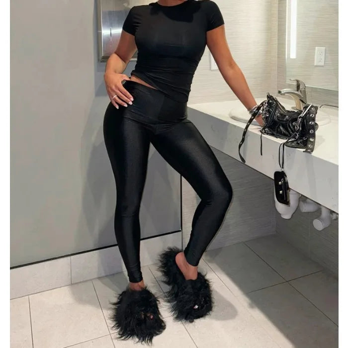 Two Piece Set for Woman Streetwear Solid Round Neck Short Sleeved T-shirt Top and Tight Pants Suit Spring and Summer 2025 New