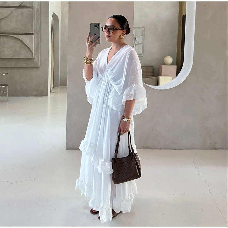 Ruffled V Neck Pleated Ankle Length Dress for Women