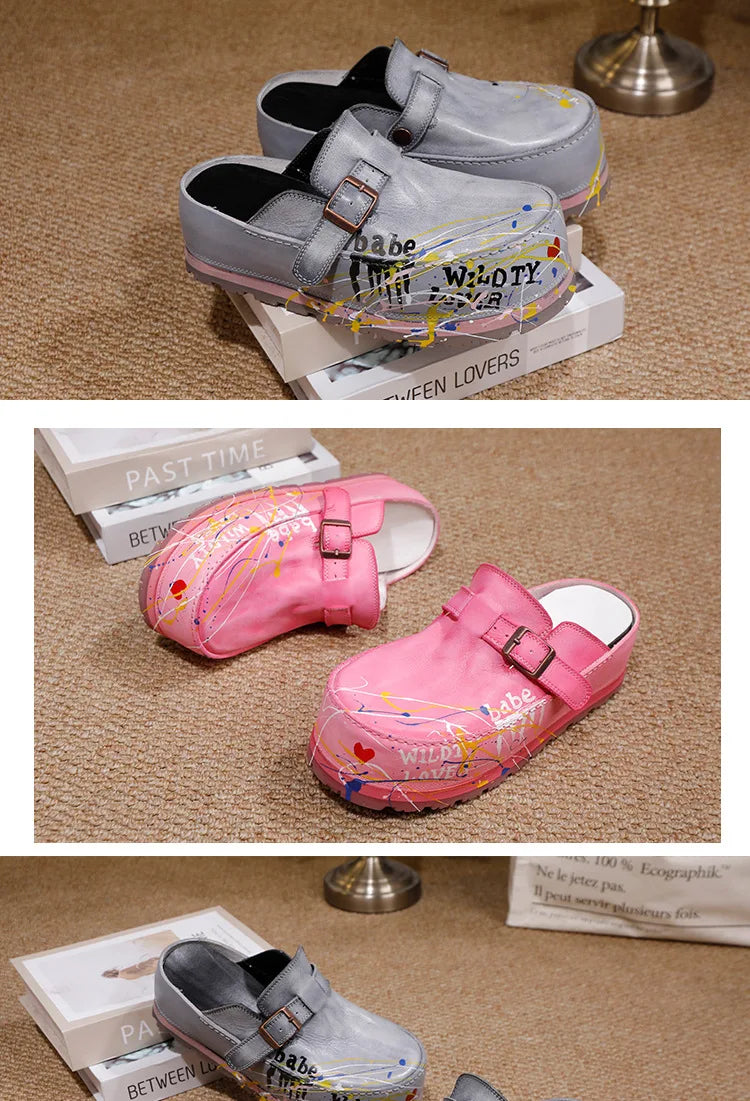 Hand Drawn Leather Platform Slippers with Round Toe for Women