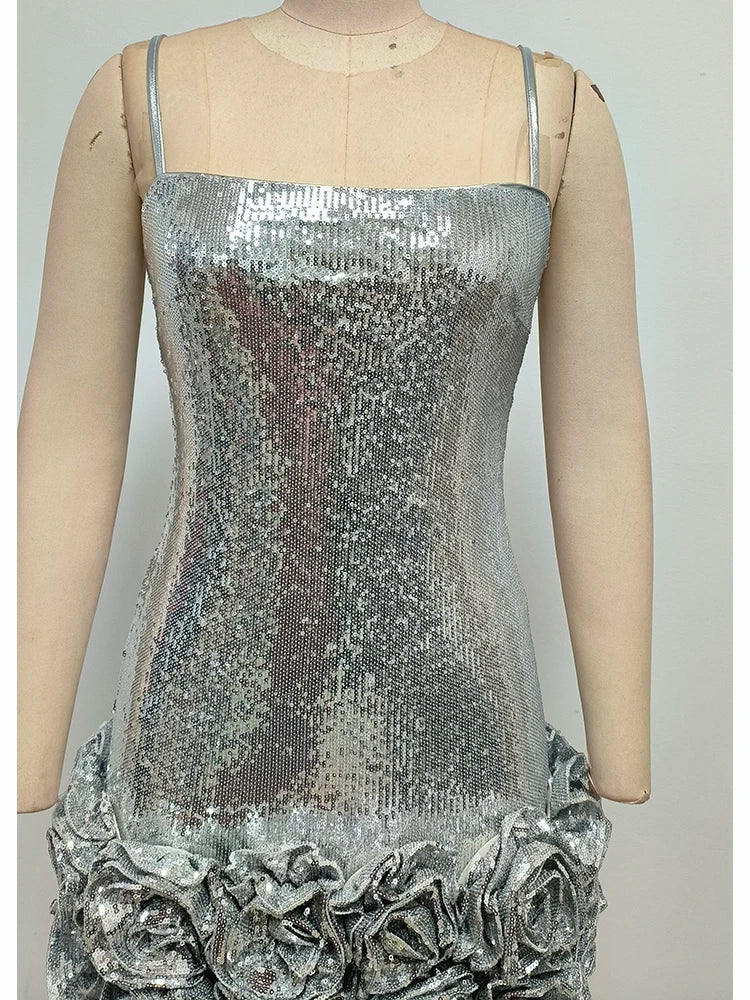Glamorous Women's Silver Sequin Spaghetti Slip Mini Dress with Ruffled Hem Shiny Flower Party Night Club and Special Occasion