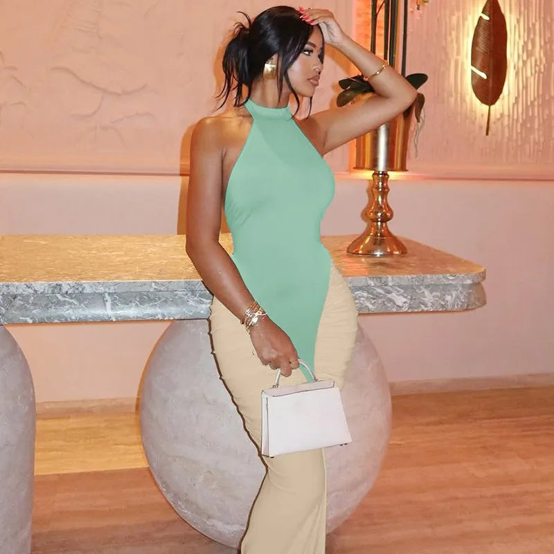 BOOFEENAA Patchwork Halter Backless Maxi Dress for Dinner Evening Gown Sexy Elegant Party Dresses for Woman Fall 2025 C15-CH41