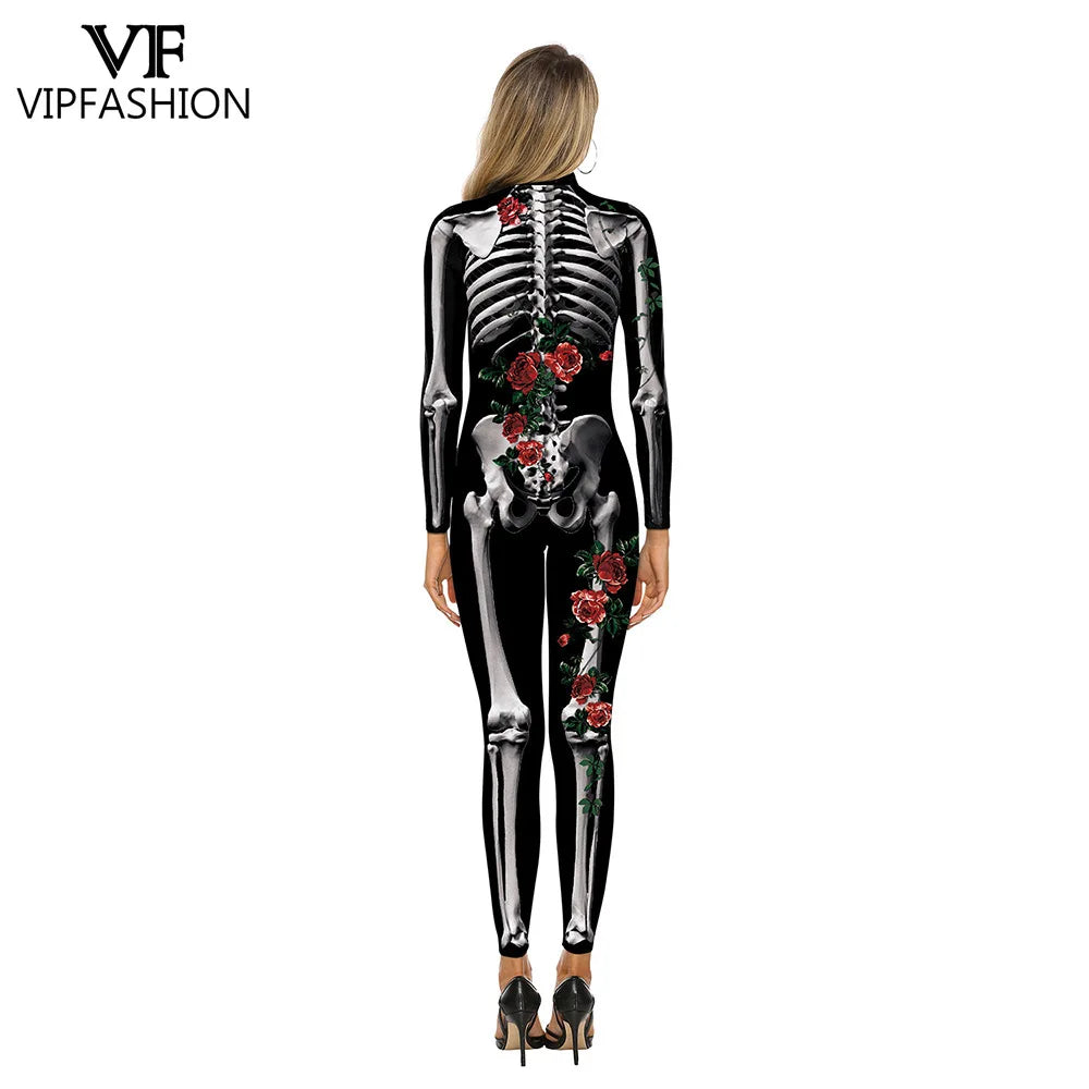 Cosplay Rose Skeleton Print Halloween Jumpsuit for Women