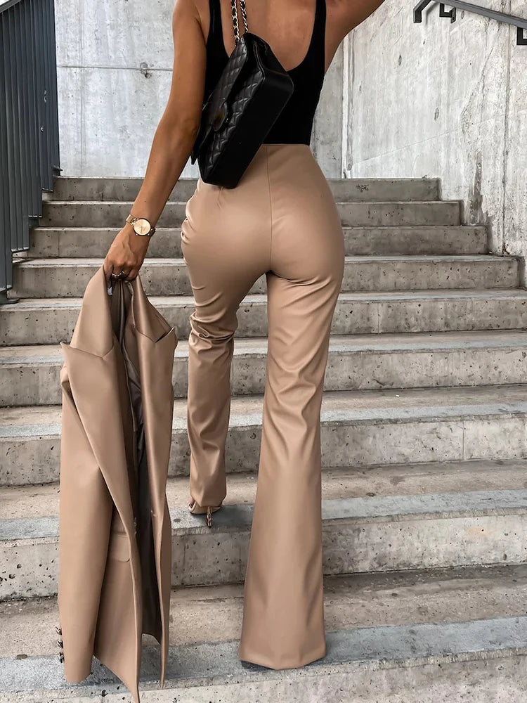 High Waisted Slim Vintage Flare PU Trousers for Women
