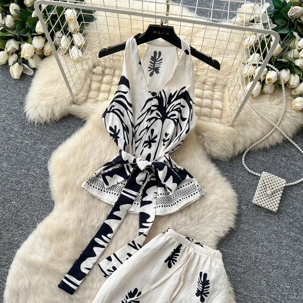 Boho Print Lace-Up Tank Top and Wide-Leg Pants Set for Women