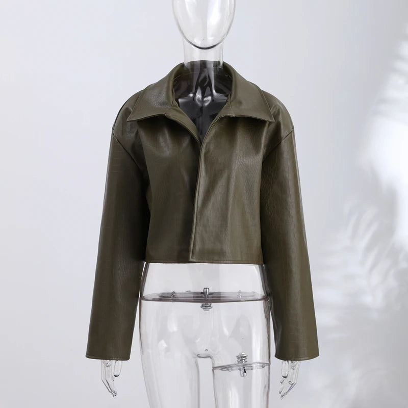 Retro Snake Print Faux Leather Cropped Jacket for Women
