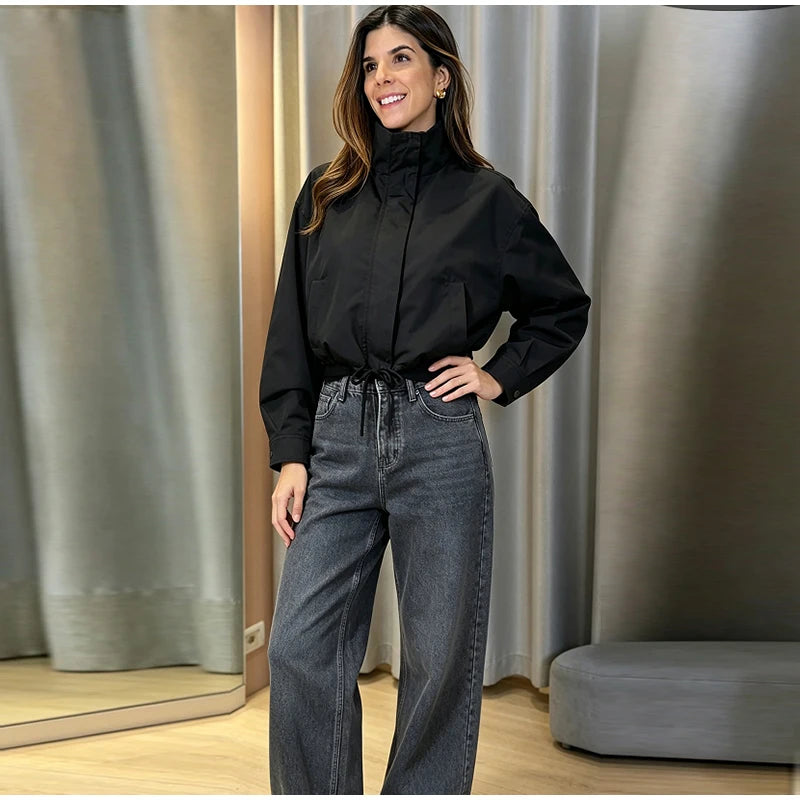 Casual Solid Jacket With Stand Collar And Pockets for Women