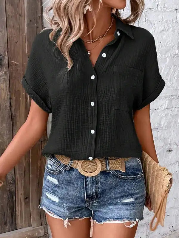Short Sleeve Cotton Button Down Blouse With Pockets for Women