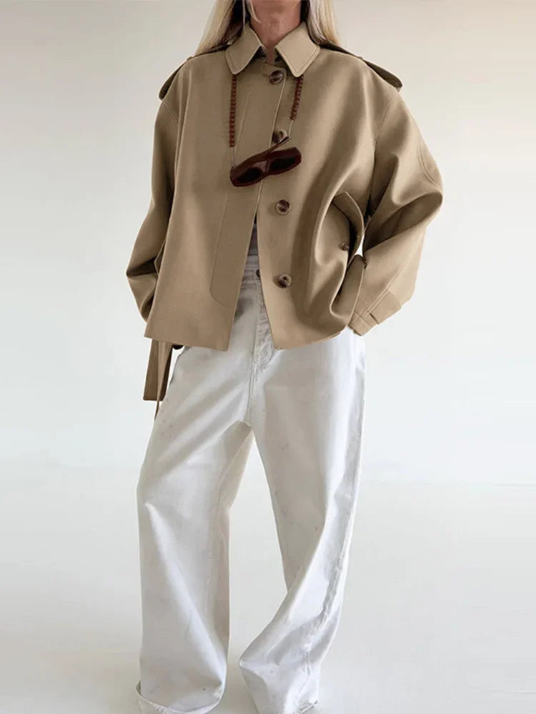 Elegant Belted Vintage Style With Stand Collar Coat for Women