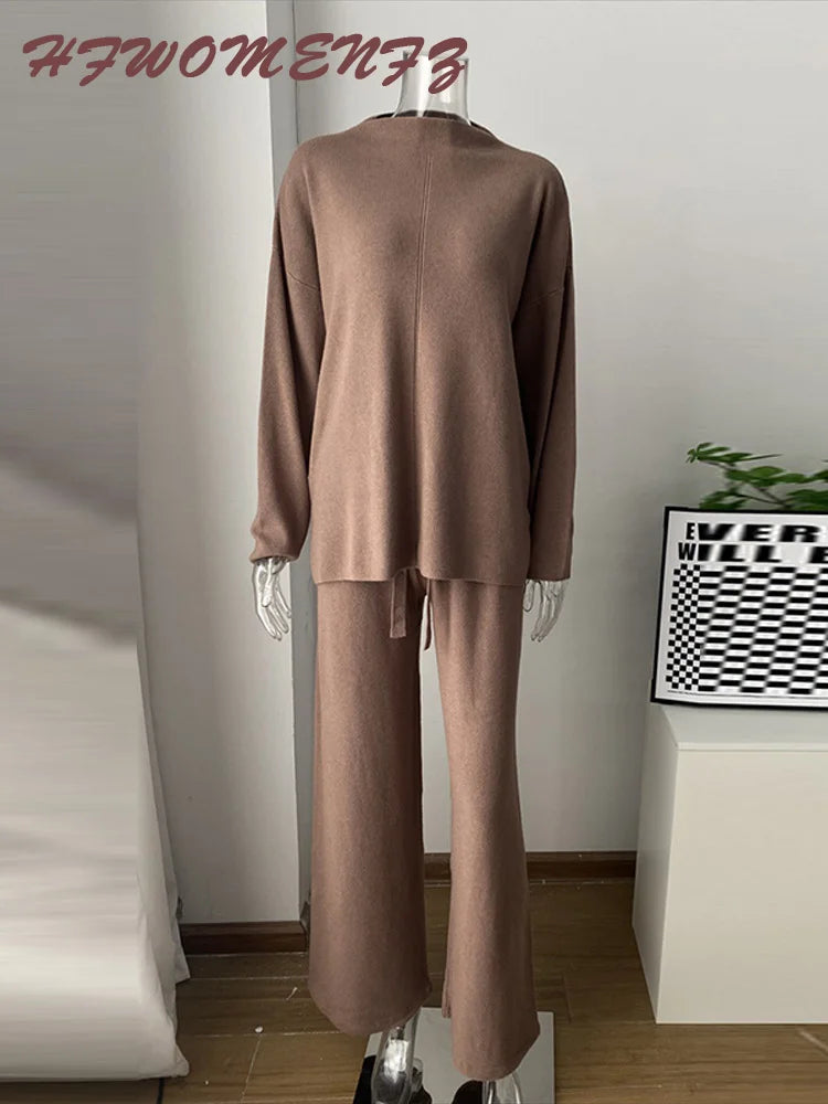 Solid Turtleneck Sweatshirt Set With Wide Leg Pants for Women