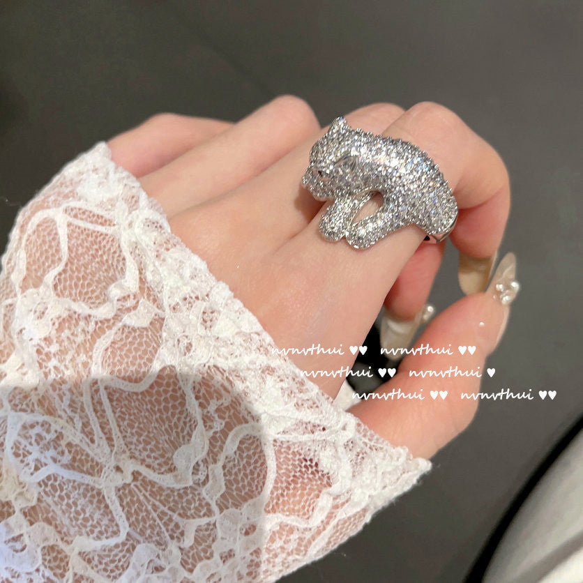 Elegant Hollow Leopard Inlaid Zircon Band Ring for Women