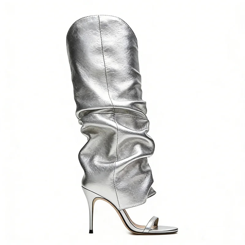 Pointed Toe Knee High Thin Heel Leather Boots for Women