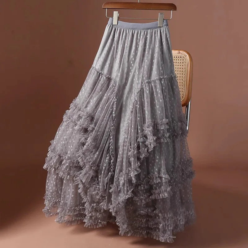 Romantic Vintage Jacquard Tulle Puff Skirt for Women