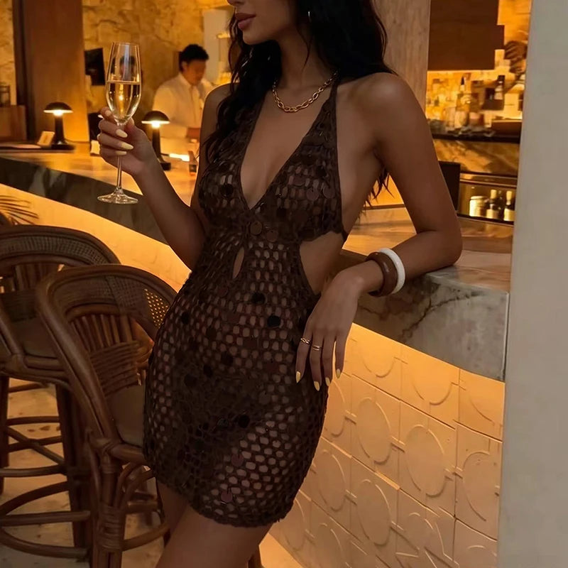 Sequin Knitted Hollow Out Slim Fit Mini Dress for Women