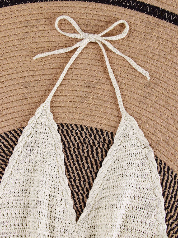 Solid Knit Halter V-neck Side Cross Straps Slim Beach Mini Dress 2025 Women Crochet Beach Swimsuit Cover Up Vacation Outfit K104