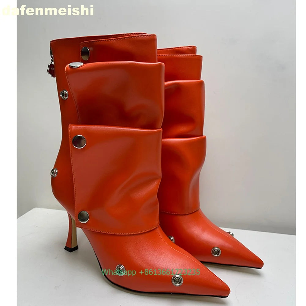 Pleated Stiletto Pointed Toe Leather Ankle Boots With Rivet Buckle For Women