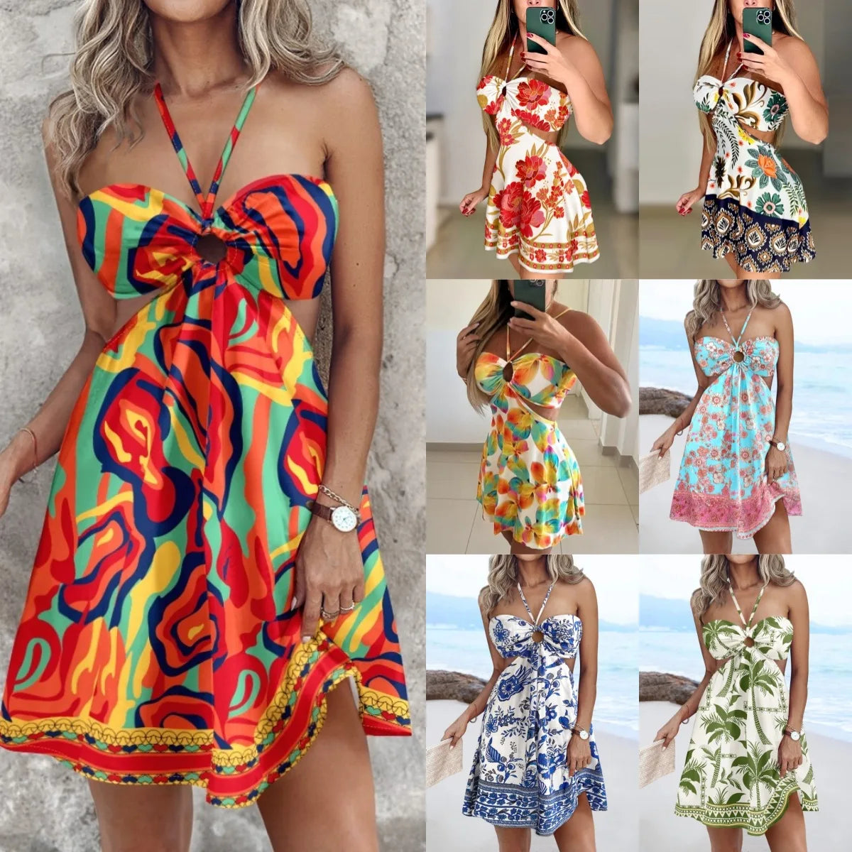 Halter Neck Cutout Boho Print Mini Dress for Women