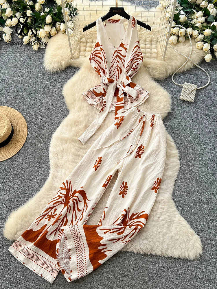 Boho Print Lace-Up Tank Top and Wide-Leg Pants Set for Women
