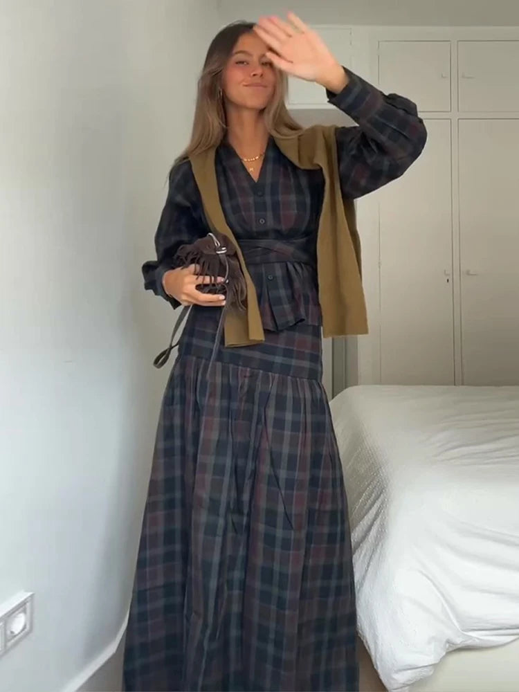 Vintage Plaid Women's Skirt Set V-neck Puff Sleeve Waist Belt Cinched Floor-length Skirt Suit Woman 2026 Spring Evening Outfits