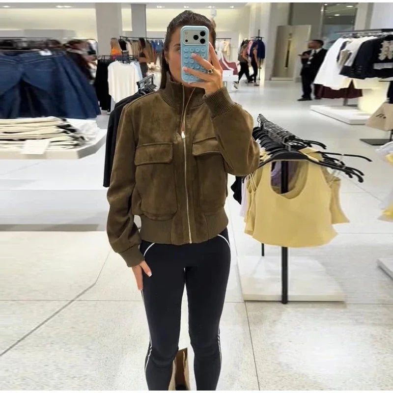 Vintage Suede Long Sleeve Jacket with Pockets for Women