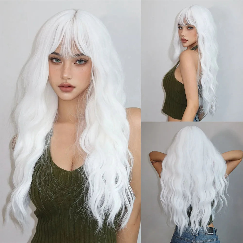 Blue Highlight Long Wavy Synthetic Wig With Bangs for Women