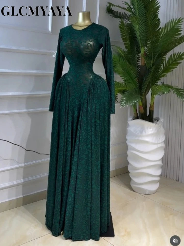 Elegant Pleated O Neck Long Sleeve Maxi Dress For Women