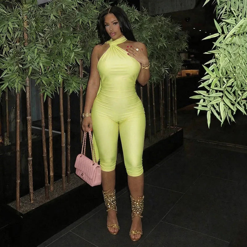 Sexy Ruched Backless Halter Bandage Jumpsuit for Women