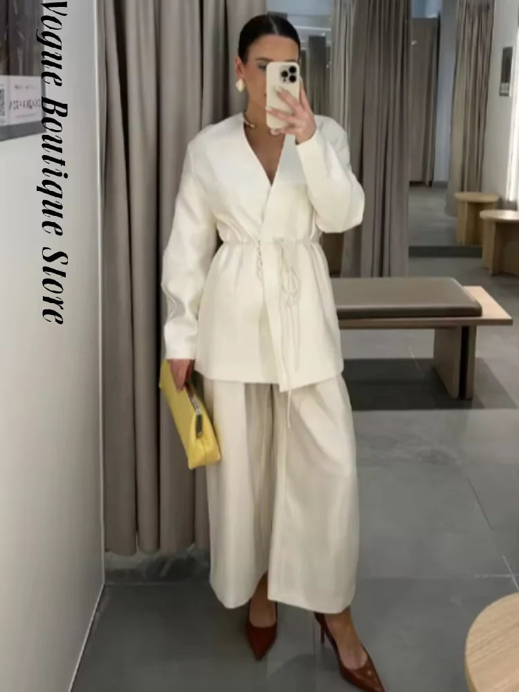 Lace Up Jacket and Wide Leg Pants Suit Set for Women
