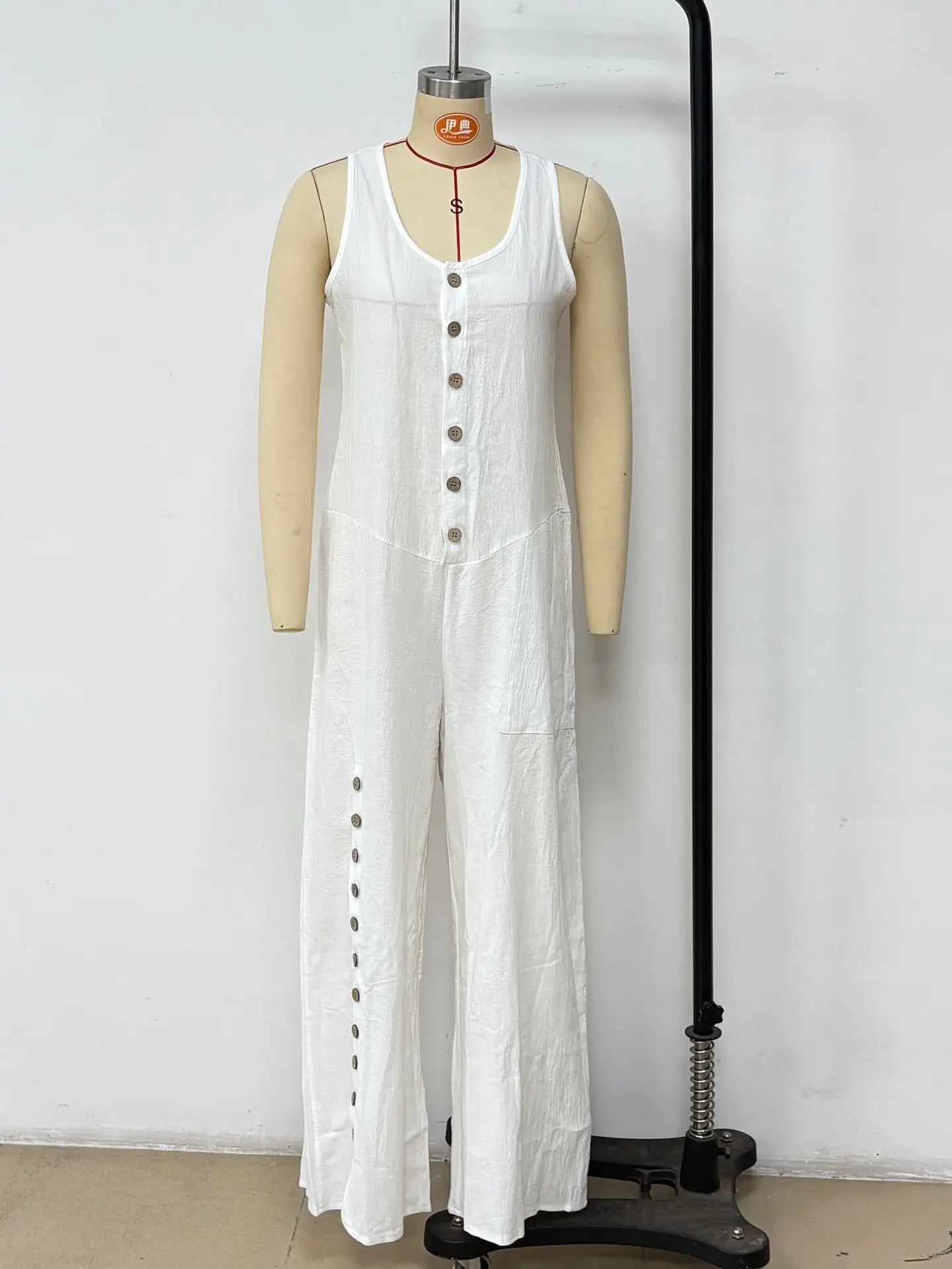 Sleeveless Solid Color Wide Leg Jumpsuit With Front Button Placket for Women