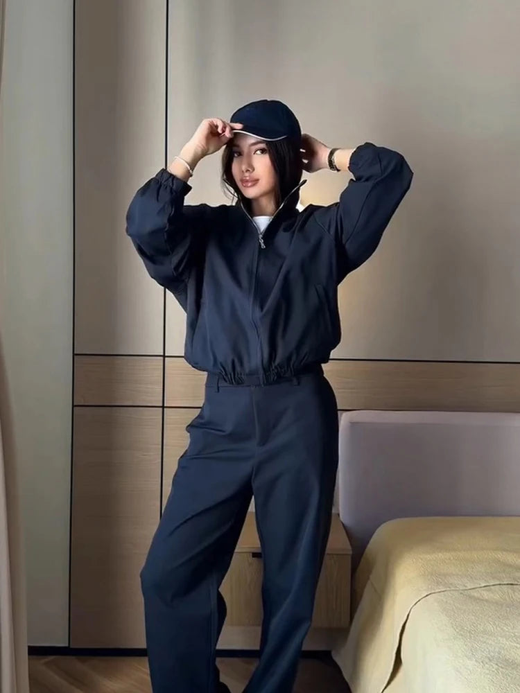 Loose Fit Zip-Up Track Jacket and Pants Set for Women