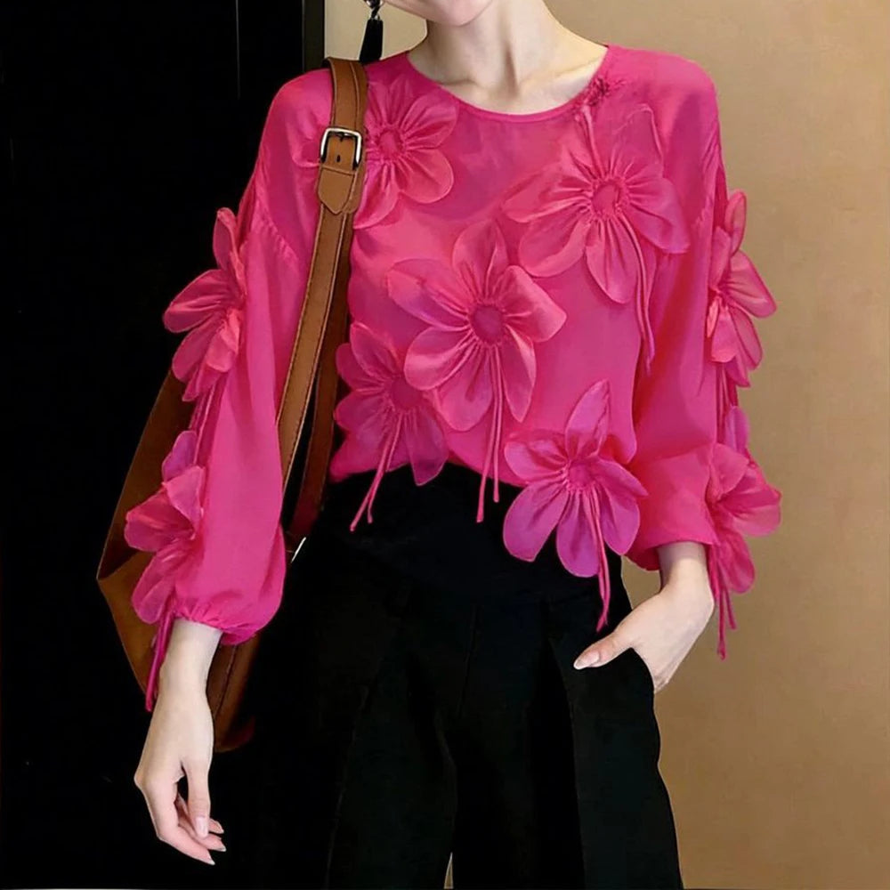 Three Dimensional Flower Lightweight Long Sleeve Top for Women