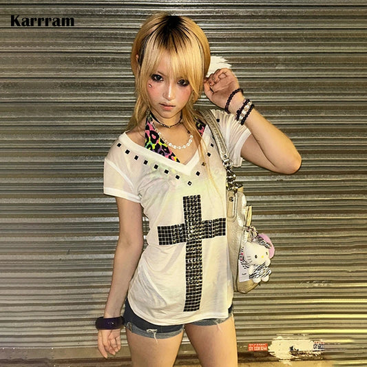 Karrram Japanese Y2k Metal Cross Print T-shirt Vintage Harajuku Short Sleeve Sheer Tops Trashy 2000s V-neck Streetwear Grunge