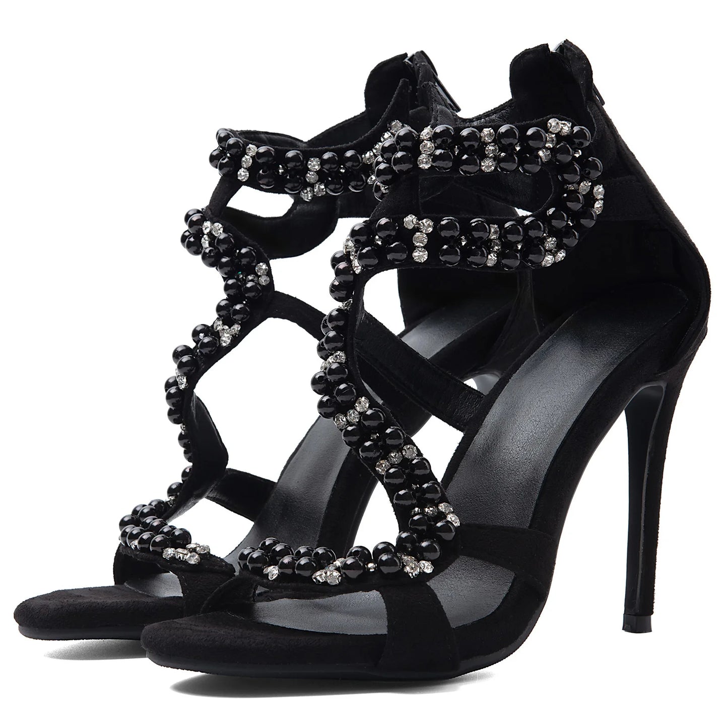 Black Rhinestone Pearl Ankle Sandals