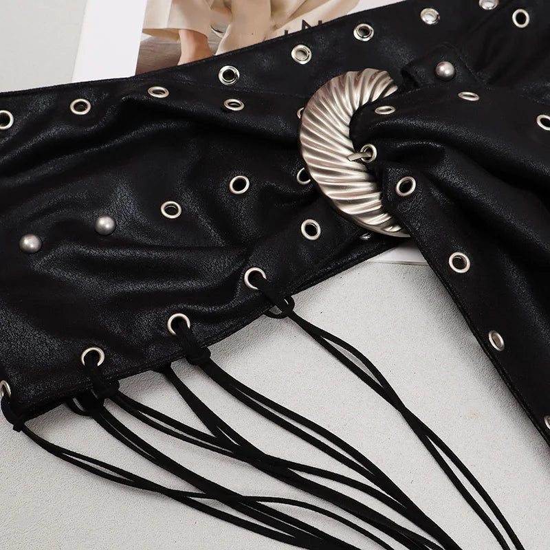[EAM] Pu Leather Coffee Tassels Irregular Long Wide Belt Personality Women New Fashion Tide All-match Spring Autumn 2025 1DH8694