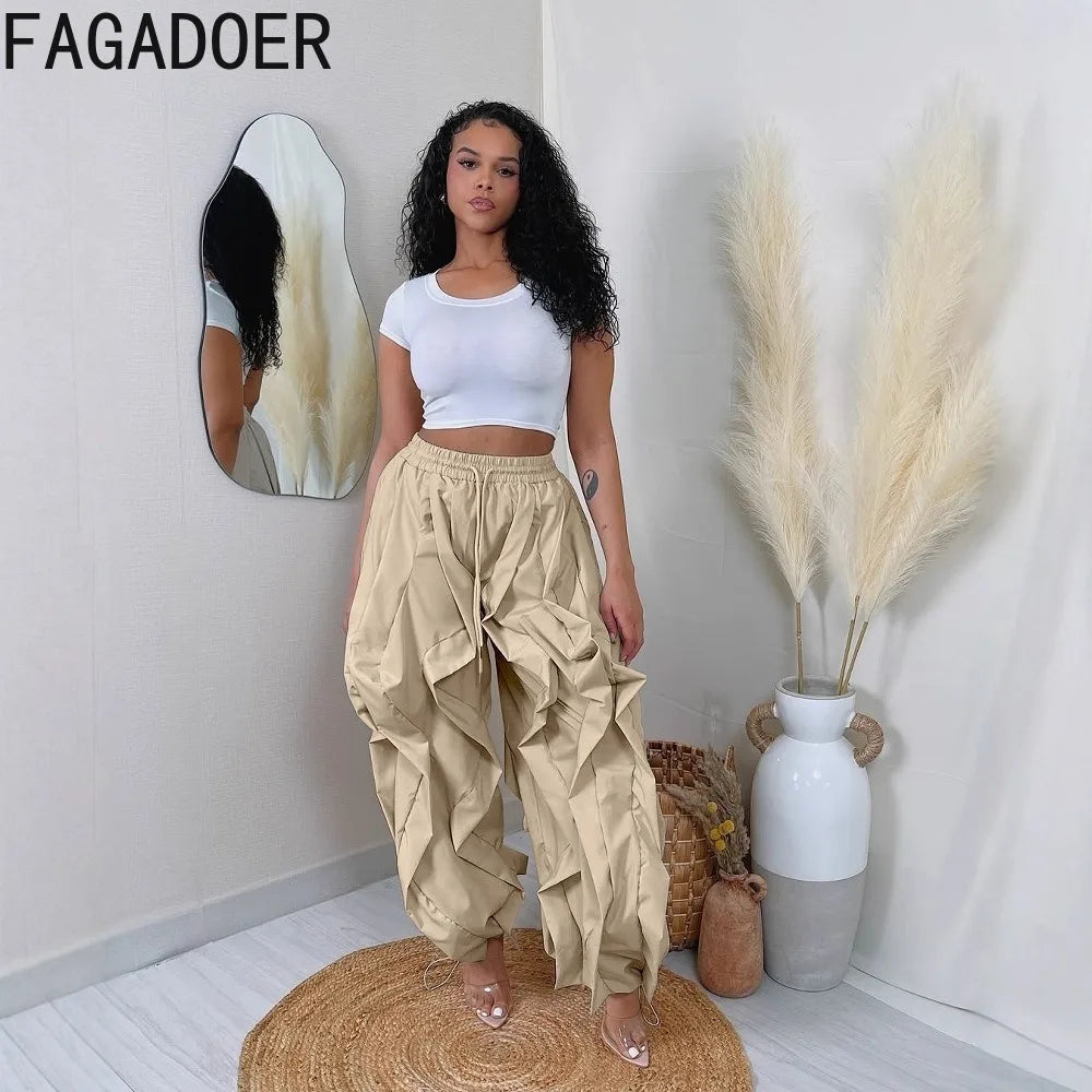 FAGADOER Casual Ruched Patchwork Lantern Sleeve Pants Women High Waist Drawstring Patchwork Pants Female Streetwear Trousers New