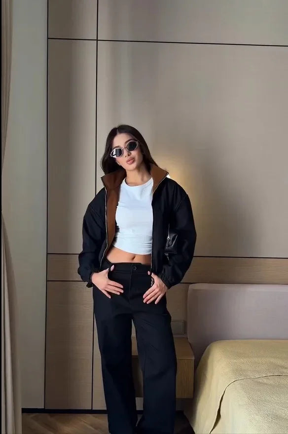 Loose Fit Zip-Up Track Jacket and Pants Set for Women