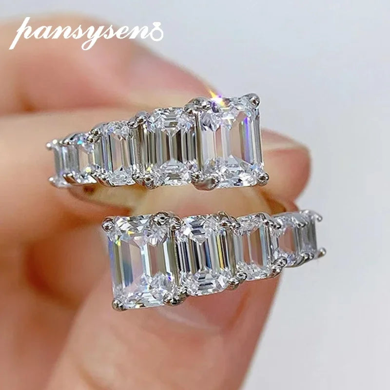 PANSYSEN 925 Sterling Silver Emerald Cut High Carbon Diamond Gemstone Wedding Engagement Adjustable Ring Fine Jewelry Wholesale