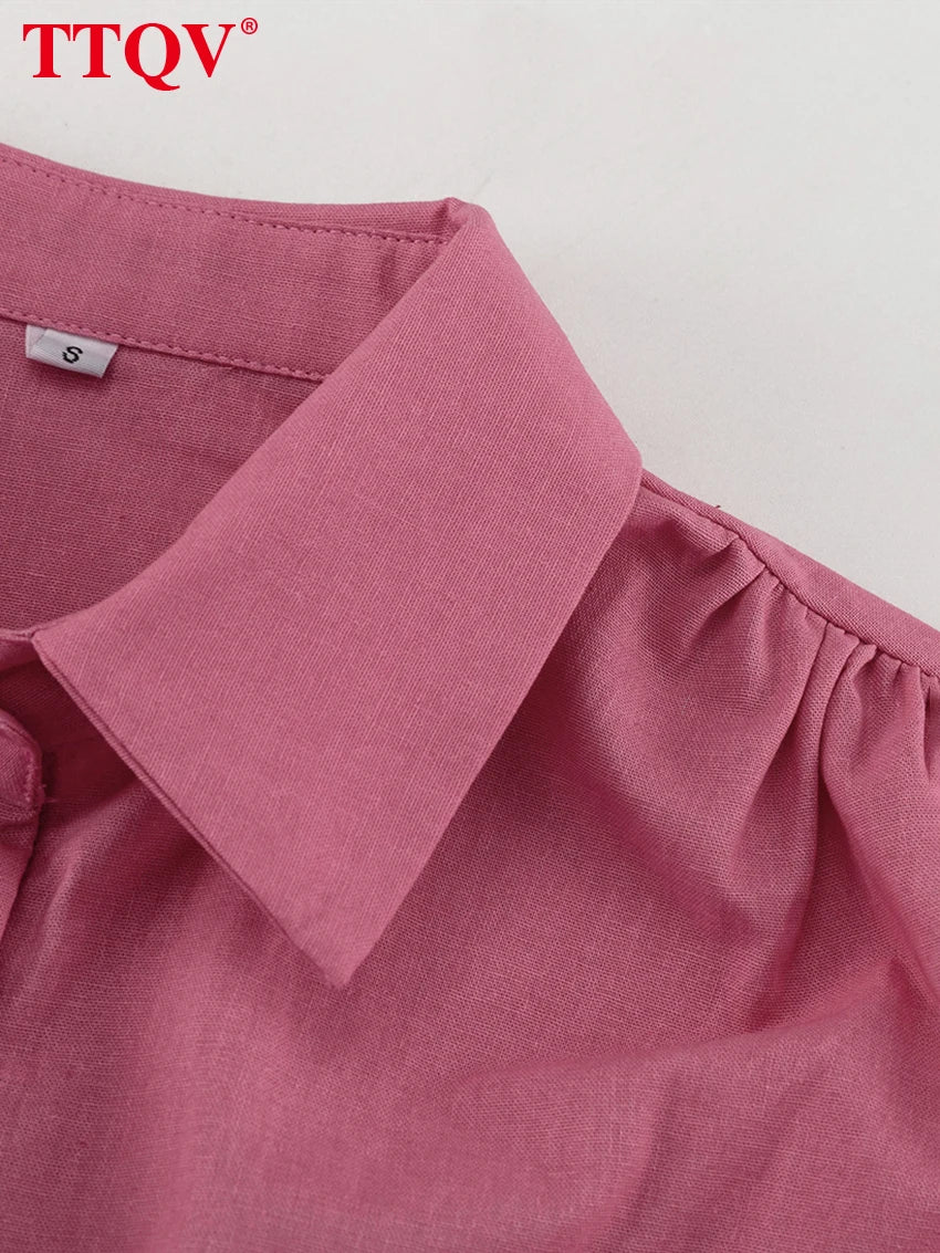 Loose Pink Cotton Shirt and Wide Leg Pants Set for Women