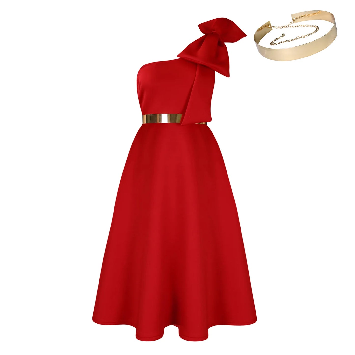 Dress One Shoulder A Line Pleated Knee Length Sleeveless Bow Belt Elegant Party Style
