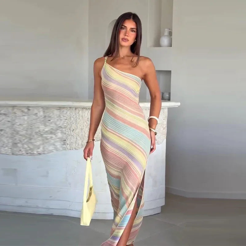 Elegant One Shoulder Printed Mid-Calf Dress for Women