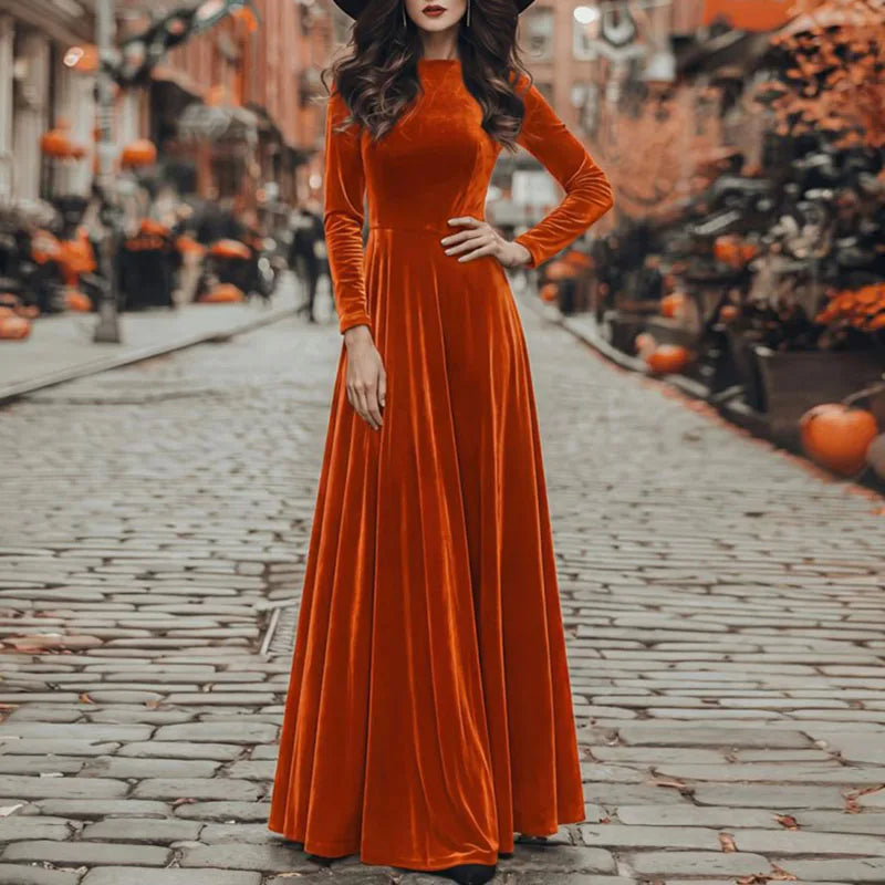 Elegant Velvet Long Sleeve A Line Maxi Dress for Women